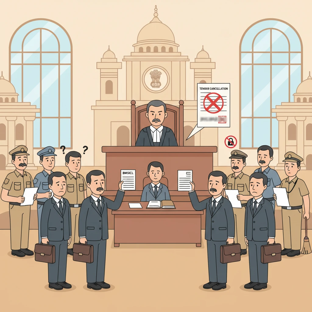 Courtroom illustration showing judges reviewing a cancelled government manpower tender.