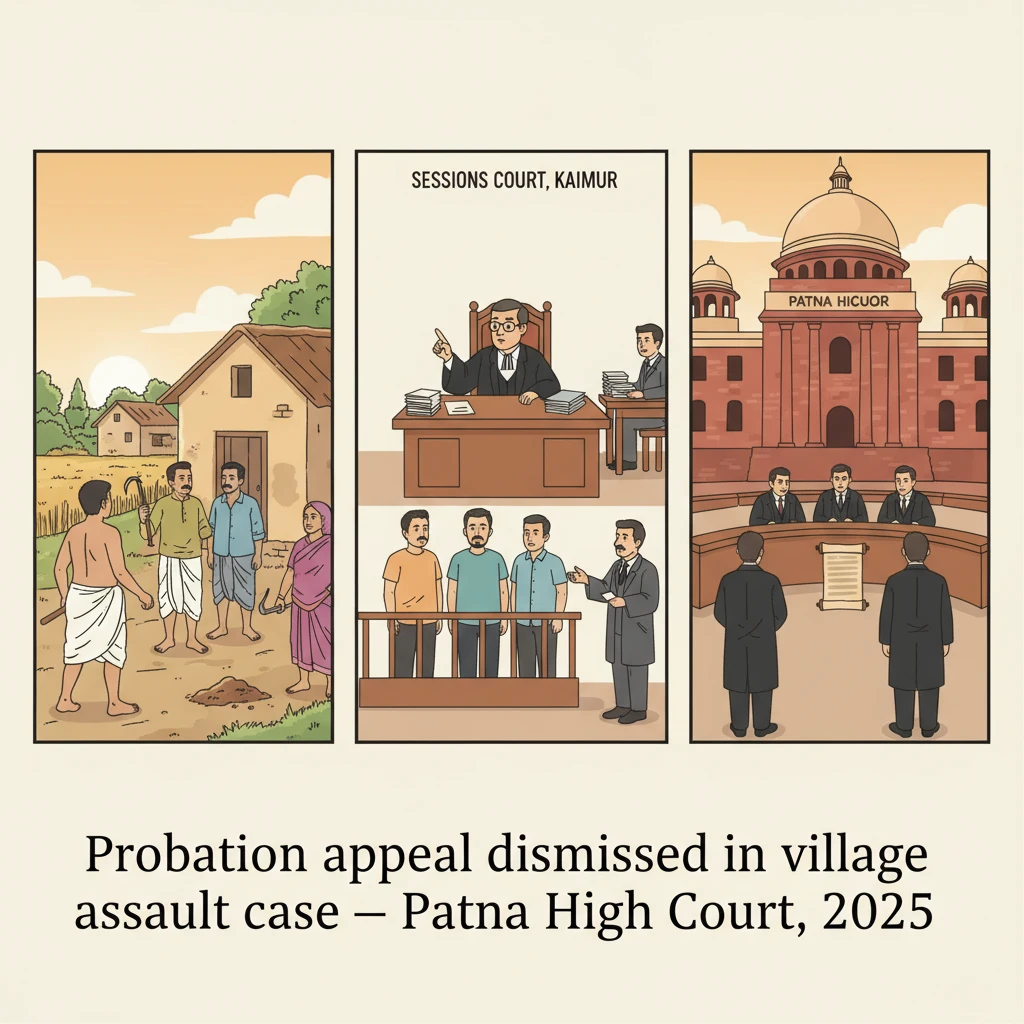 A courtroom scene at Patna High Court illustrating a criminal appeal on village assault and probation.