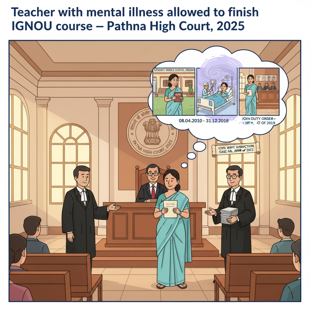 Courtroom scene showing a teacher with documents seeking accommodation for exams.