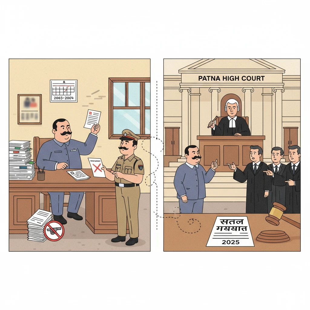 Courtroom illustration showing scrutiny of a public officer’s arms licence decisions.