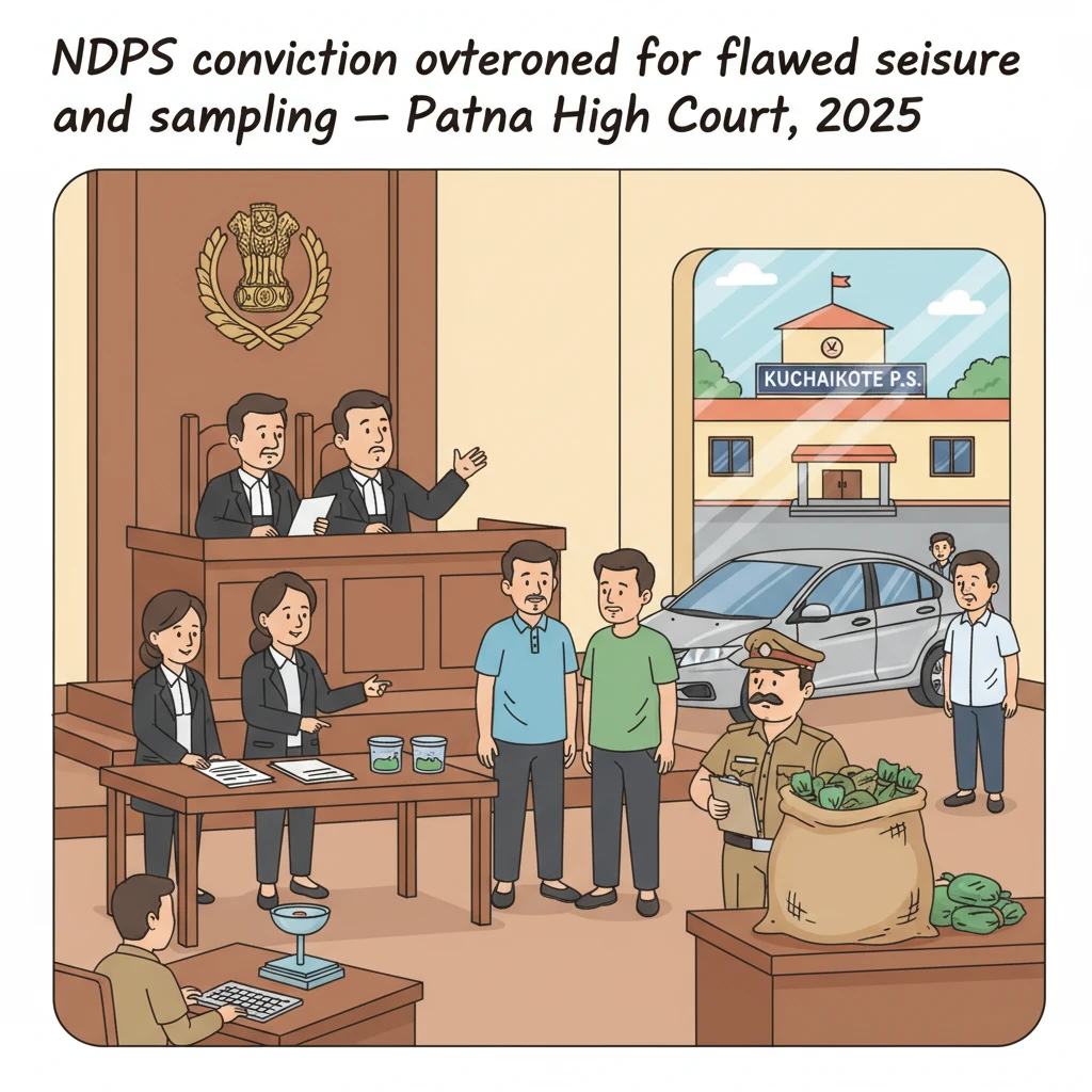 Courtroom scene depicting judges reviewing an NDPS ganja seizure case file.