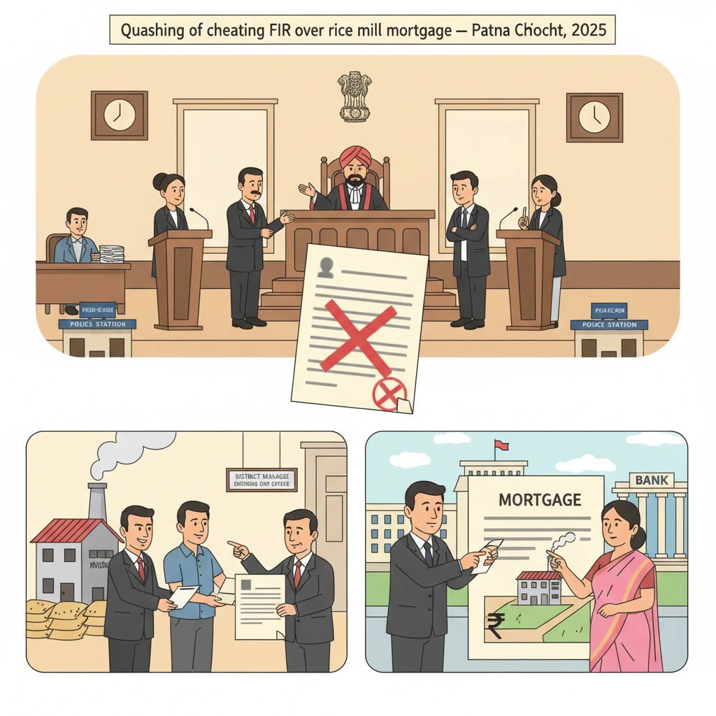 Illustration of Patna High Court hearing on quashing an FIR in a rice mill land dispute.