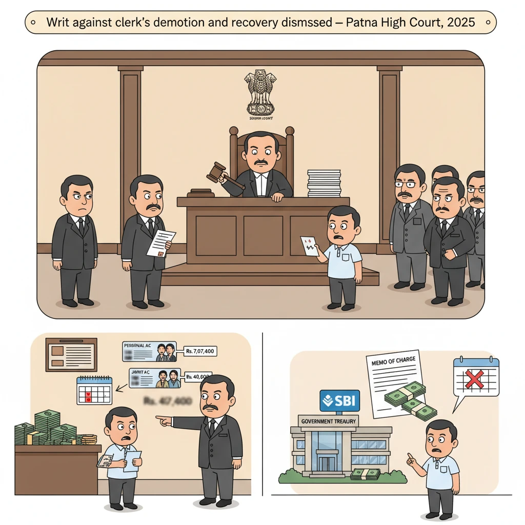 Courtroom scene symbolising Patna High Court review of departmental punishment for misuse of public funds.
