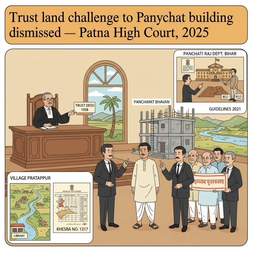 Courtroom and village panchayat building symbolising a dispute over trust land use.