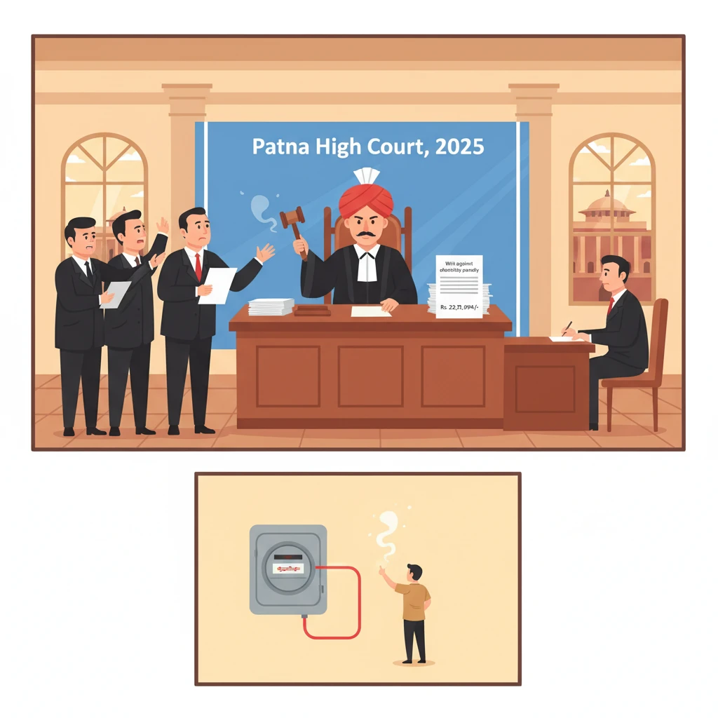 Courtroom illustration showing a judge reviewing an electricity billing dispute.