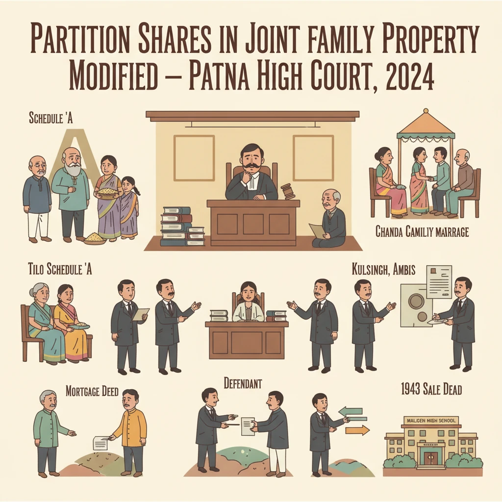 Illustration of Patna High Court hearing a family land partition dispute.