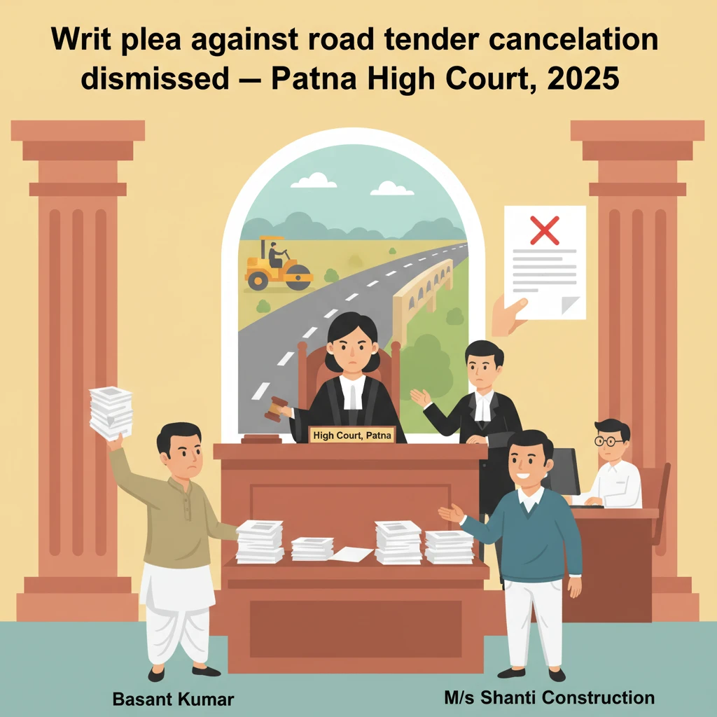 Courtroom scene depicting judicial review of a cancelled government road tender.