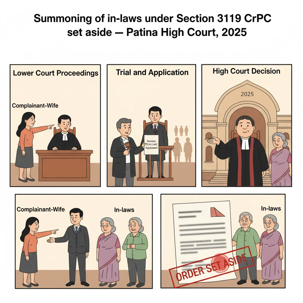 Courtroom scene illustrating Patna High Court scrutiny of adding in-laws as accused in a 498A case.