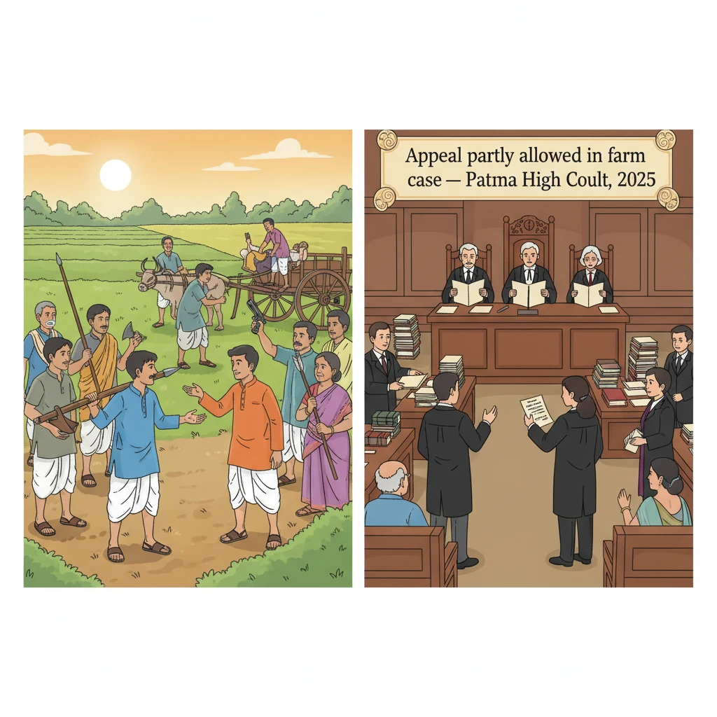 Illustration of judges hearing a criminal appeal in the Patna High Court arising from a village land dispute.