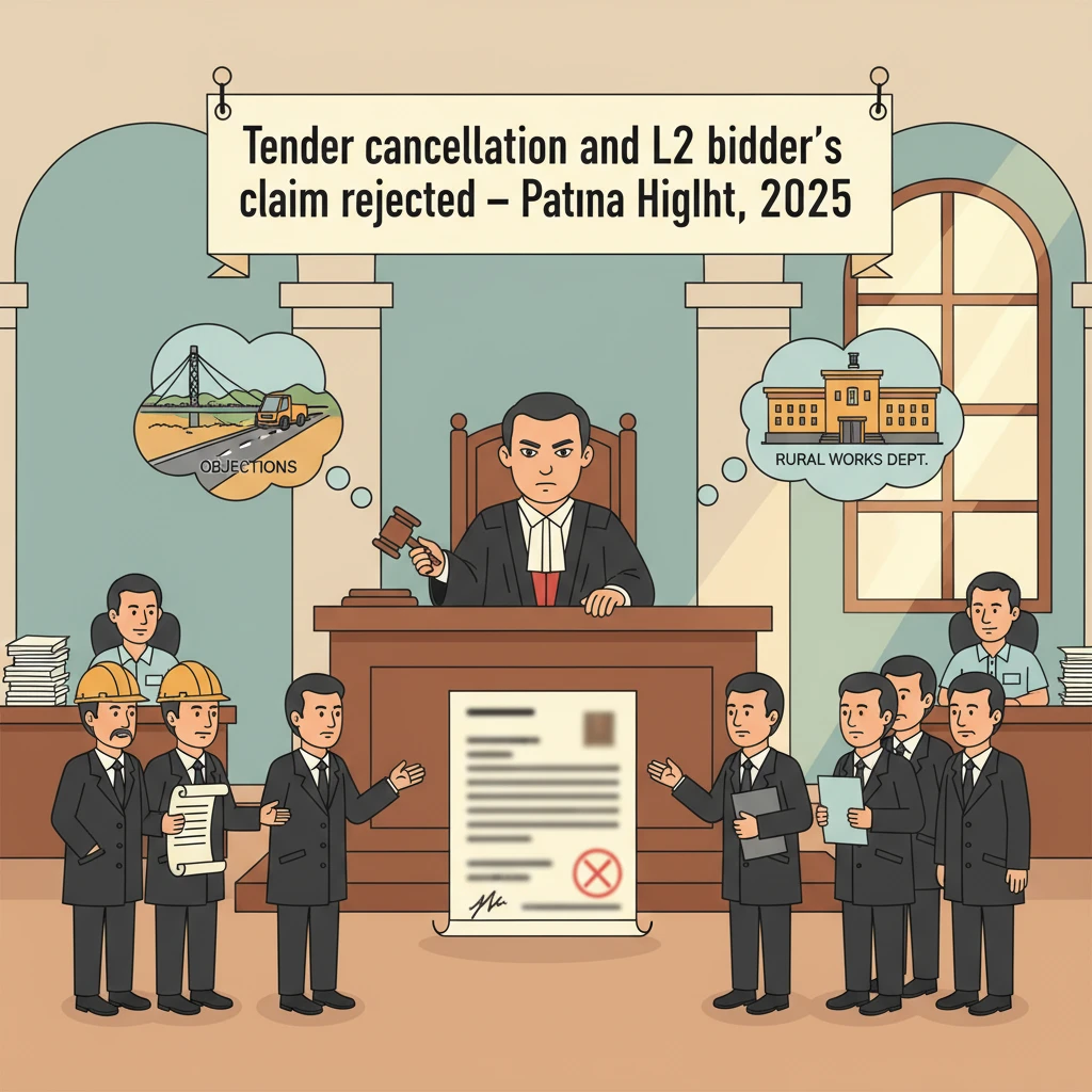 Courtroom scene representing Patna High Court review of a cancelled road tender.