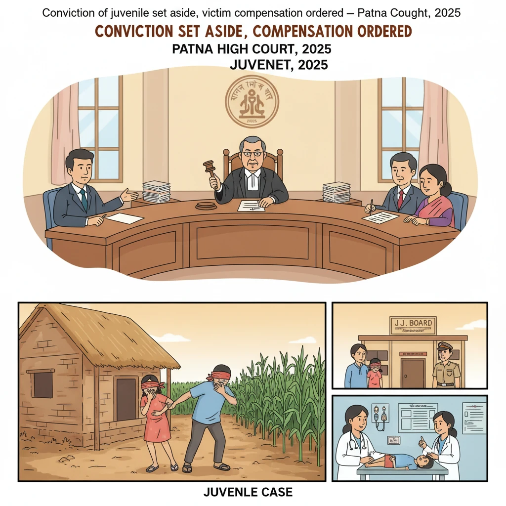Courtroom scene depicting juvenile justice and victim compensation in Patna High Court.