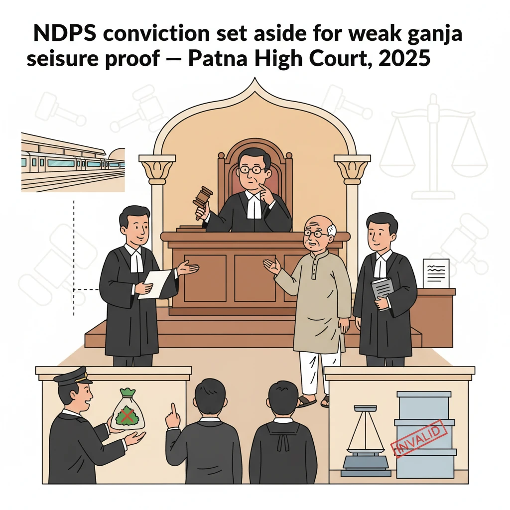 Illustration of Patna High Court hearing an NDPS ganja seizure appeal from a railway station case.