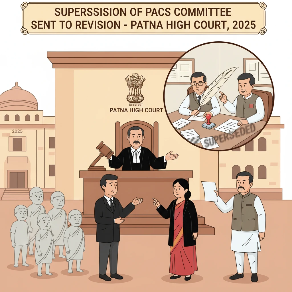 A courtroom scene illustrating Patna High Court reviewing supersession of a cooperative society committee.