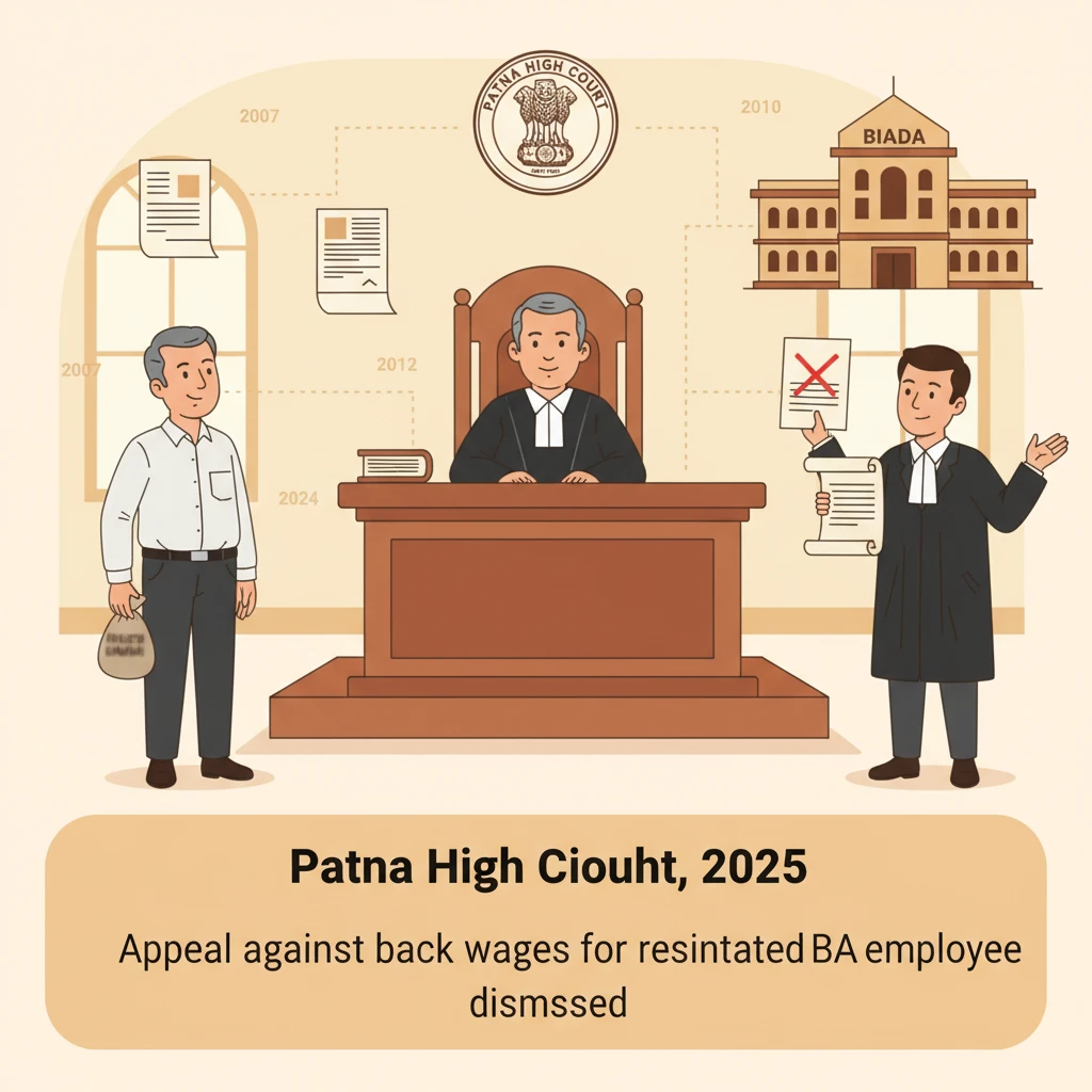 Courtroom illustration depicting Patna High Court hearing a BIADA service dispute on back wages.