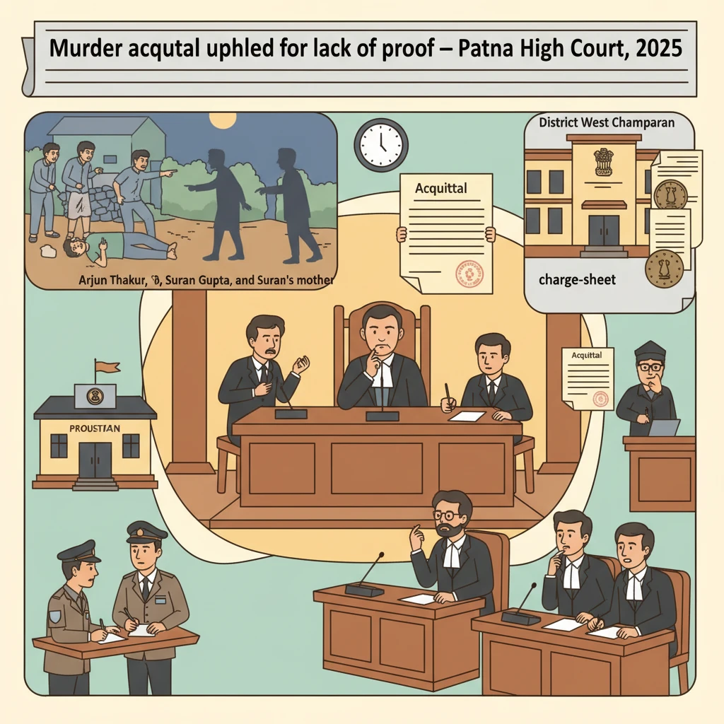 Illustration of a Patna High Court bench hearing a criminal appeal in a village murder case.