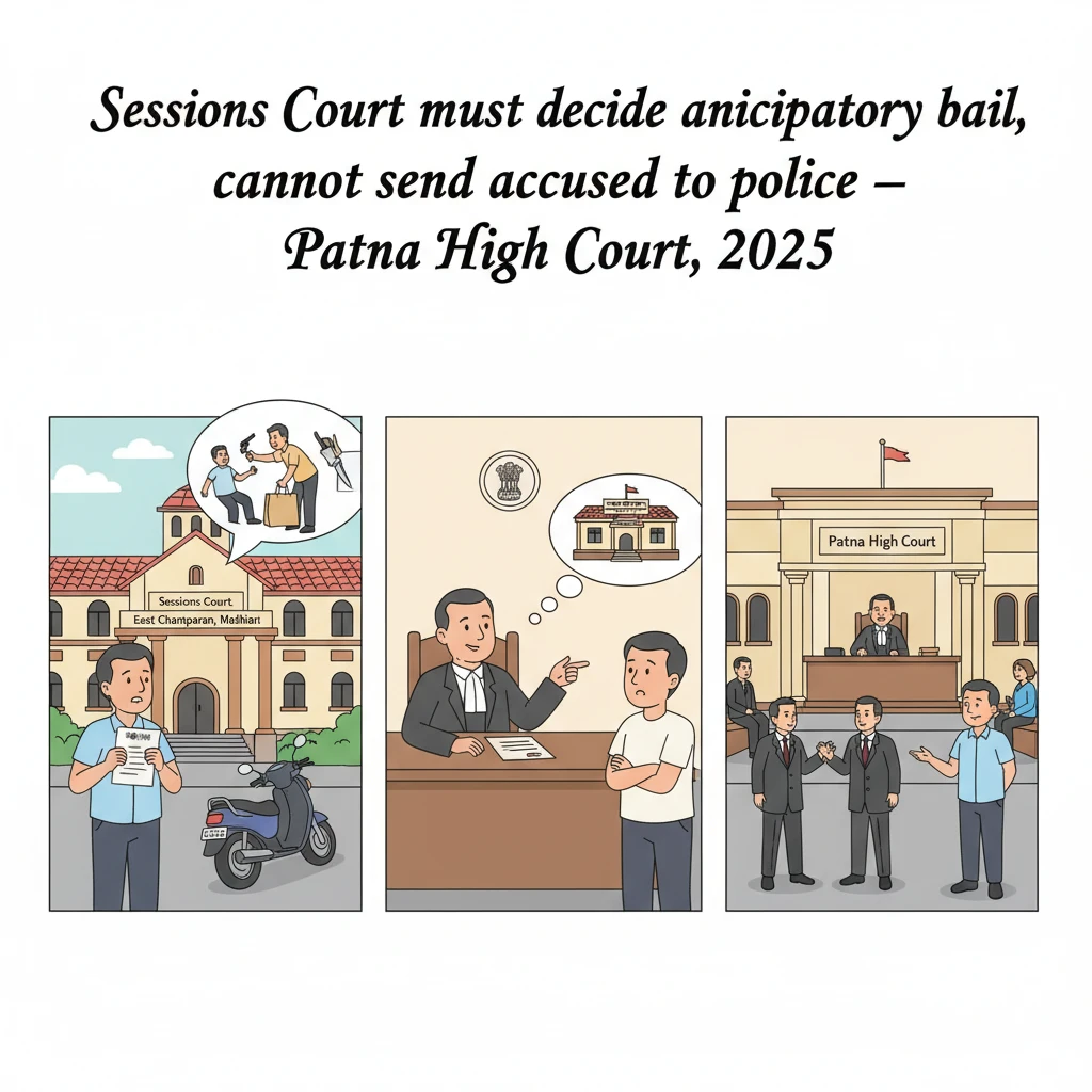 Courtroom scene at Patna High Court depicting anticipatory bail hearing.
