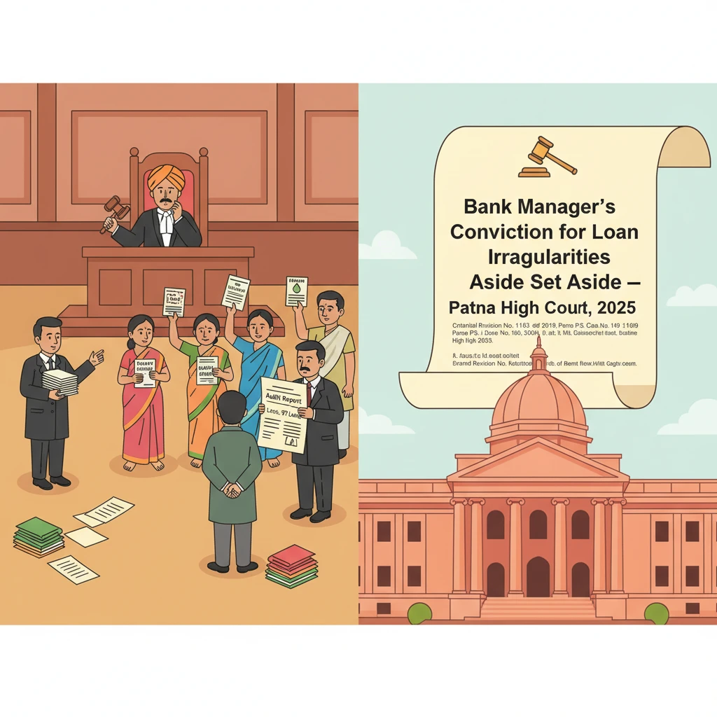 Courtroom and bank documents illustrating Patna High Court review of loan fraud conviction.