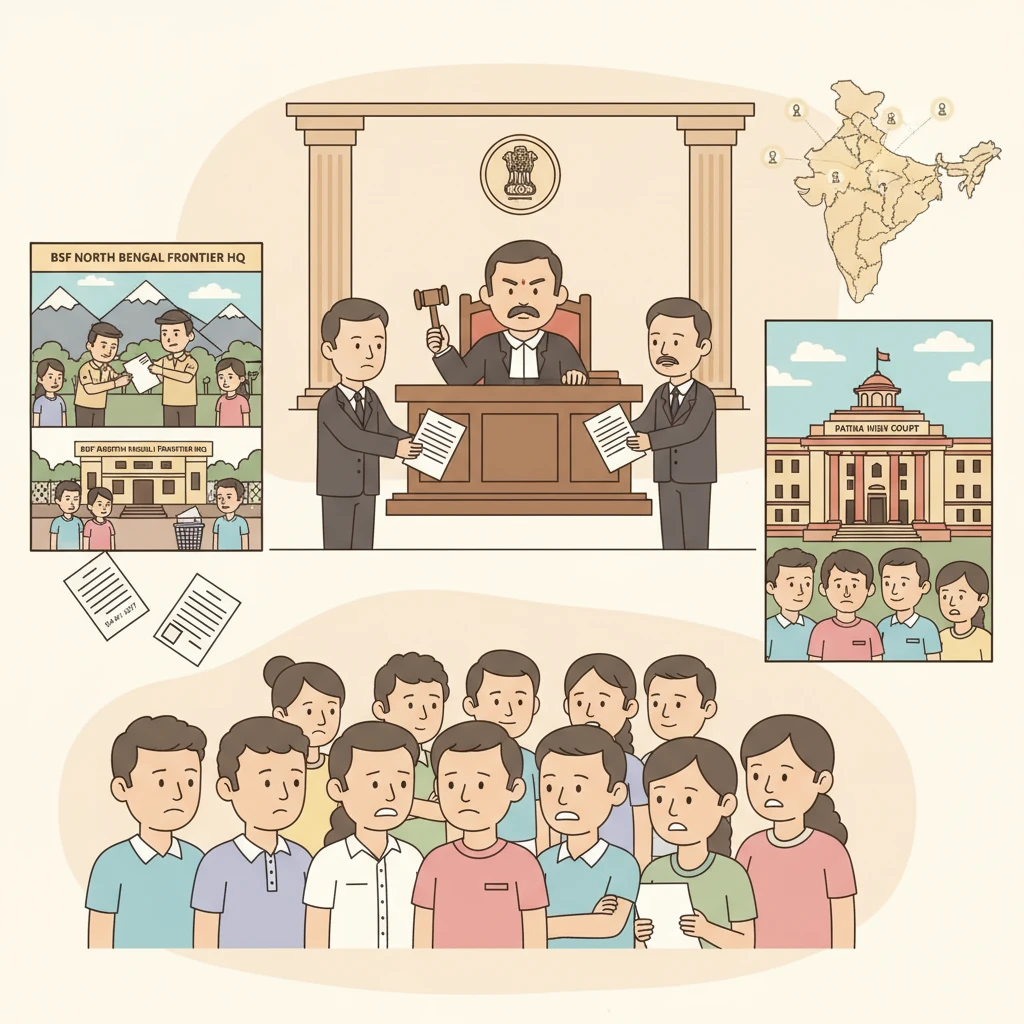 Courtroom illustration showing judges reviewing BSF recruitment cancellation case.
