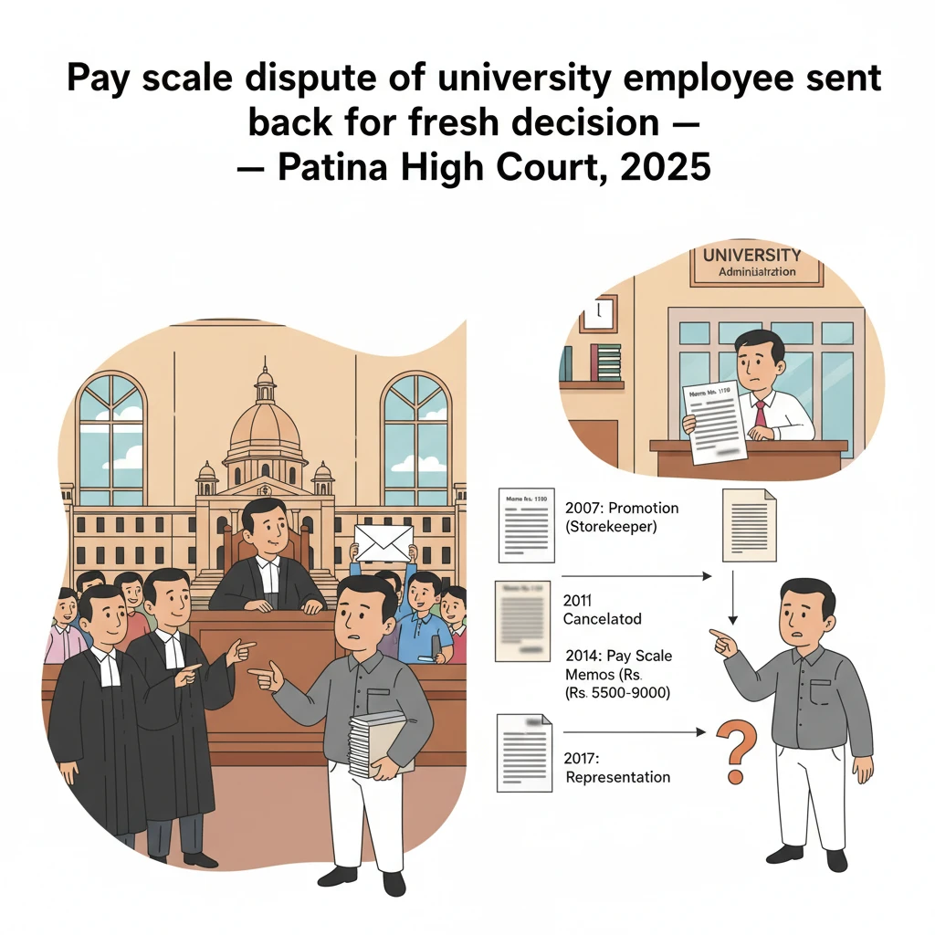 Courtroom scene representing Patna High Court reviewing a university employee pay scale dispute.