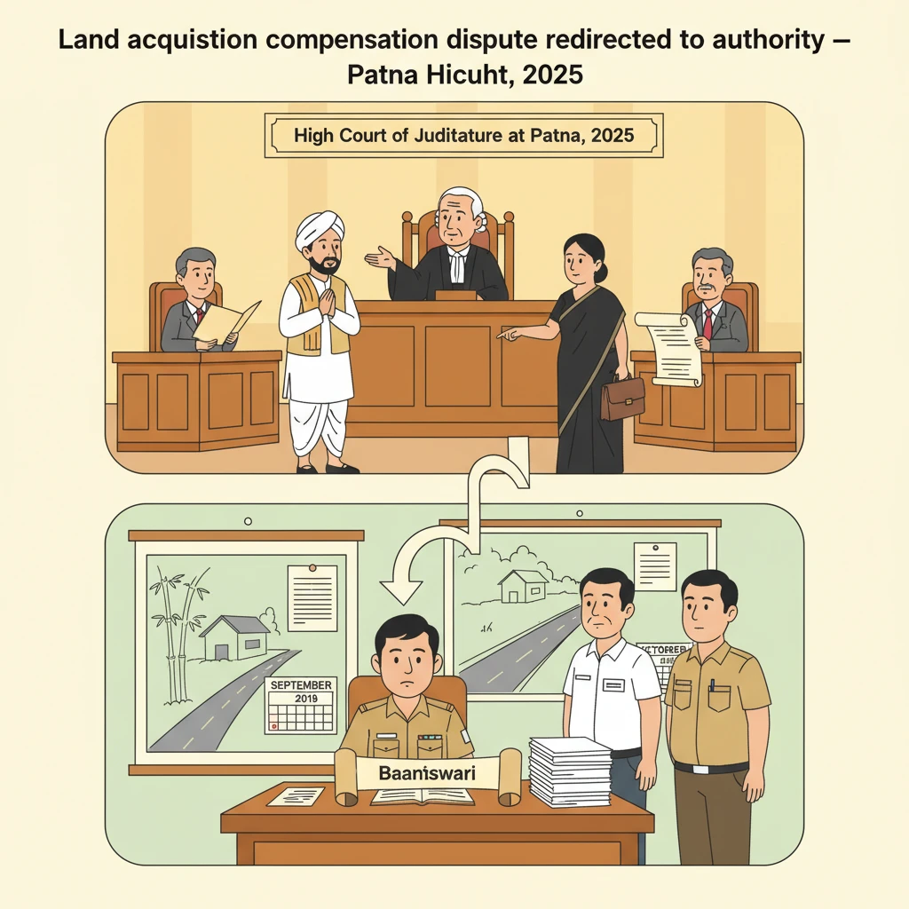 Courtroom illustration showing a land acquisition compensation dispute before the Patna High Court.