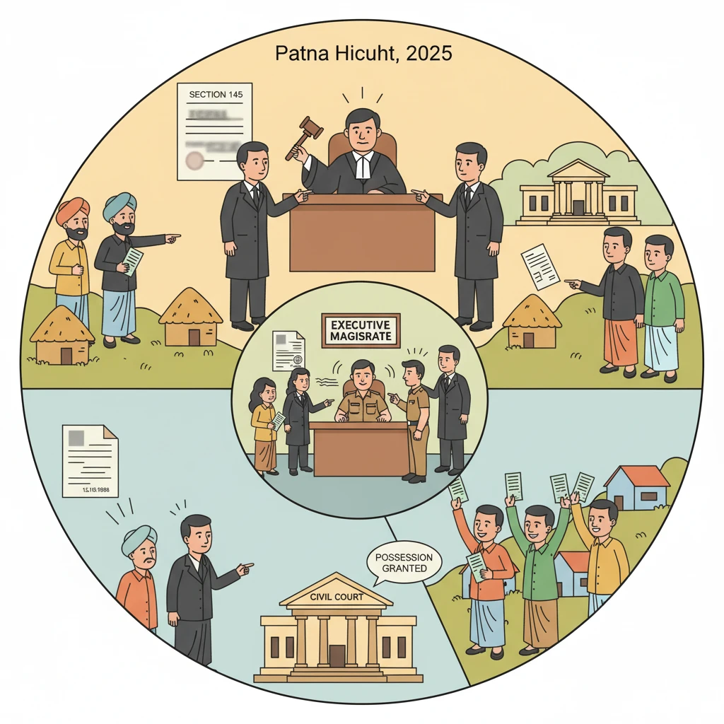 Courtroom illustration showing a land dispute heard by the Patna High Court.