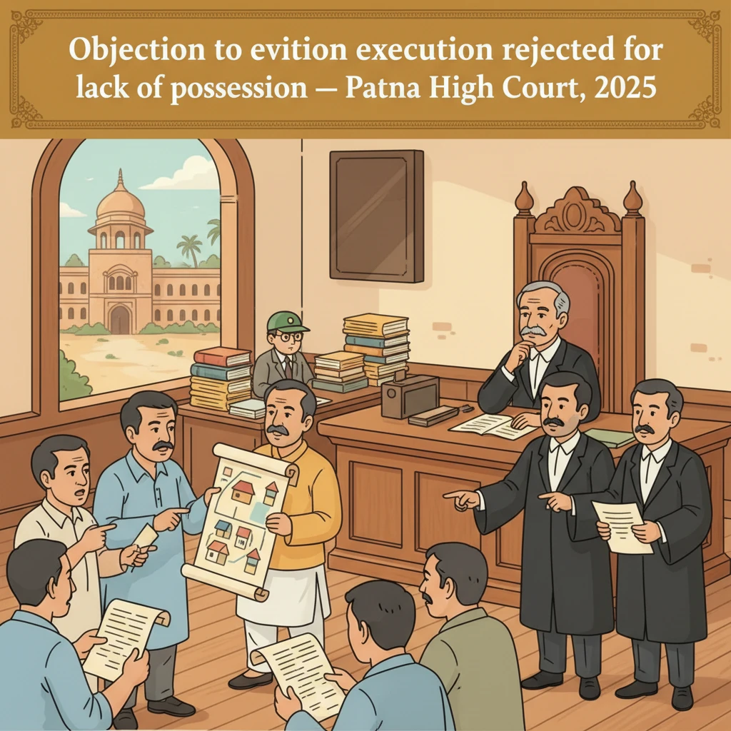 Illustration of a Patna court hall during arguments on an eviction decree execution.