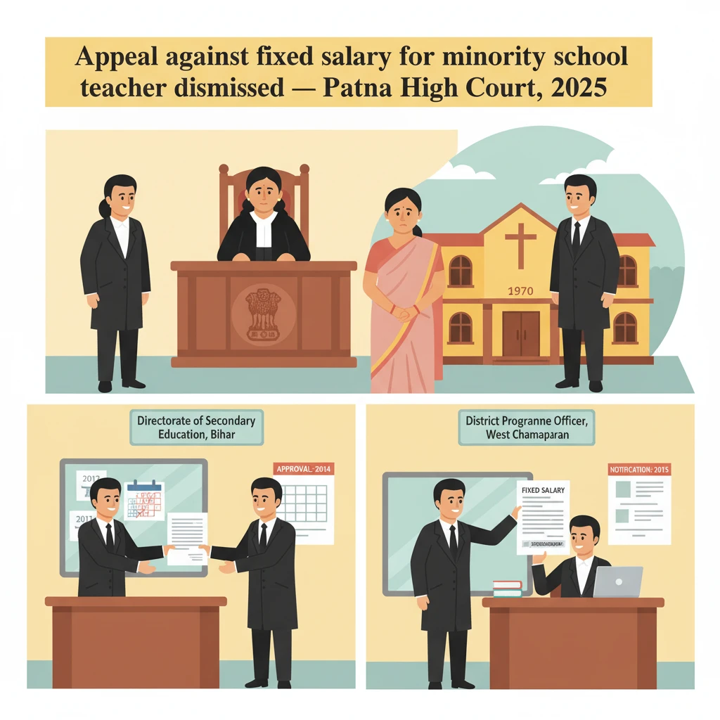 Illustration of Patna High Court hearing a dispute on teacher salary policy.