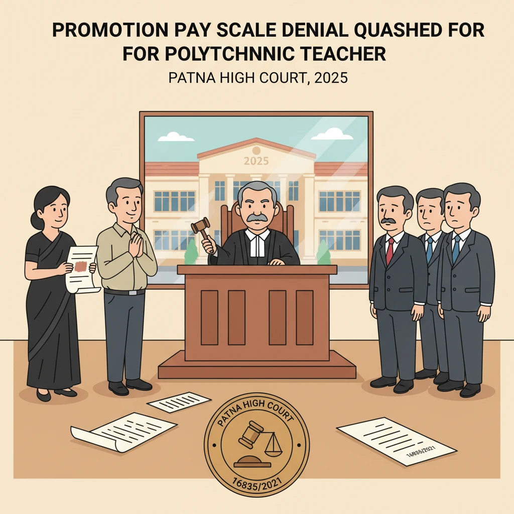 Courtroom illustration symbolising Patna High Court decision on Selection Grade pay for a government polytechnic lecturer.