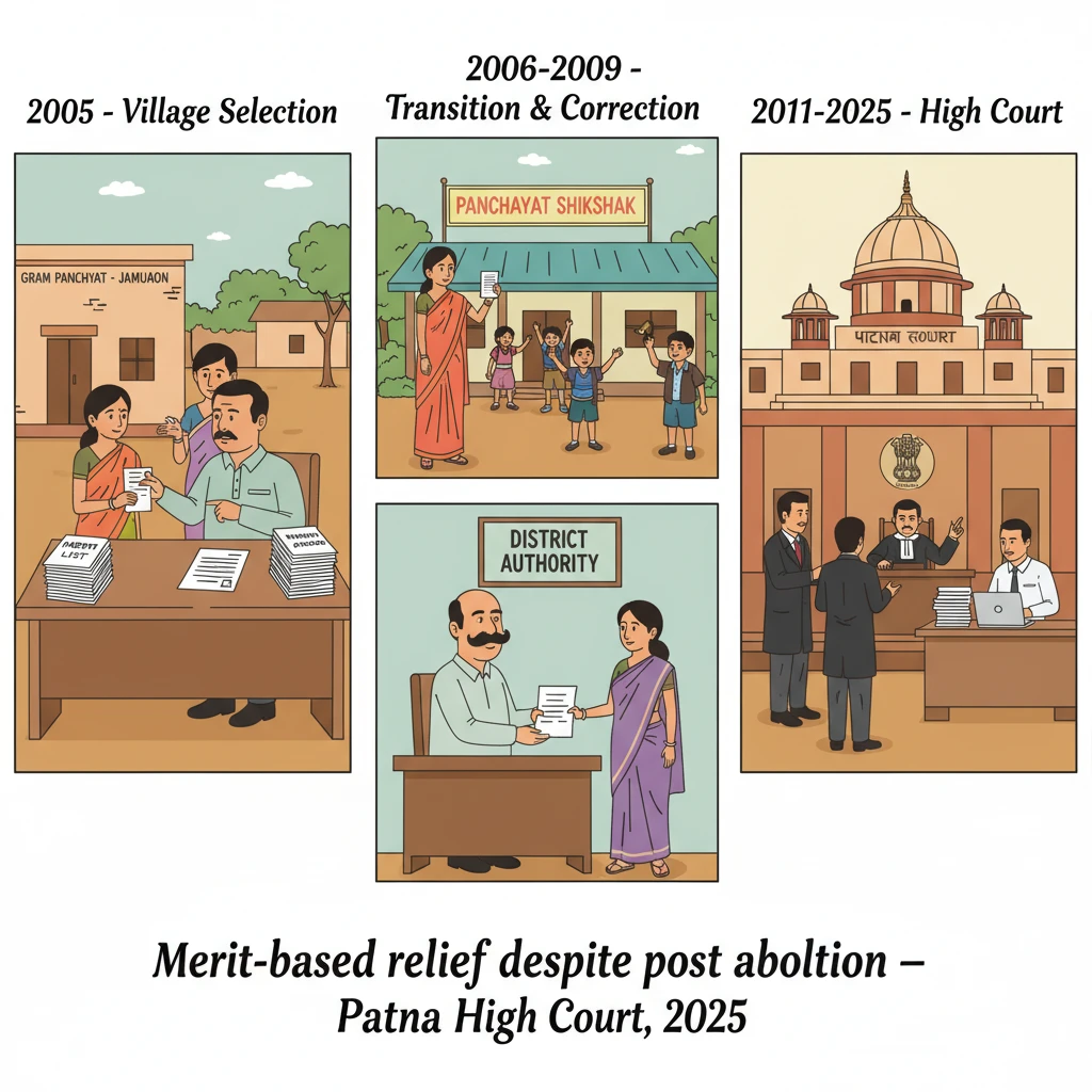Courtroom scene illustrating Patna High Court reviewing a Shiksha Mitra recruitment dispute.