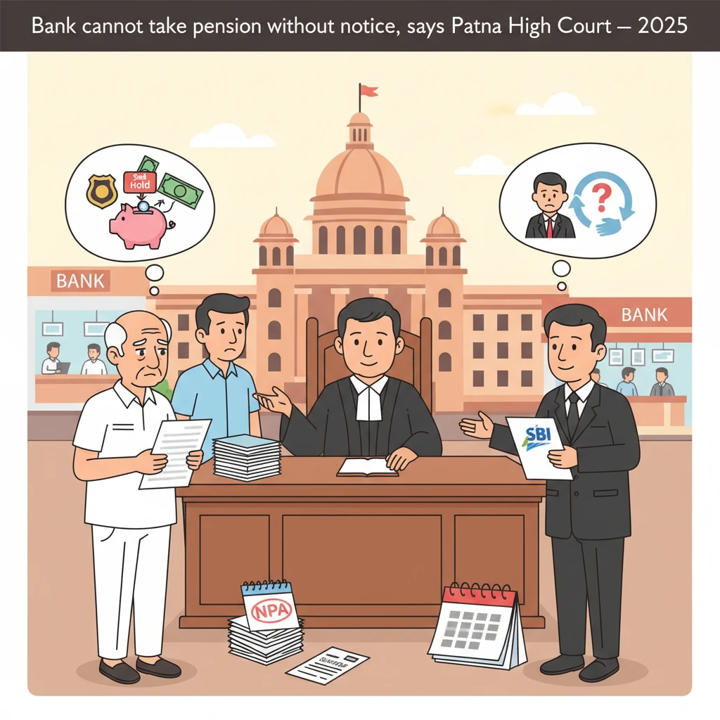 Courtroom scene depicting dispute over bank recovery from a retired employee’s pension account.