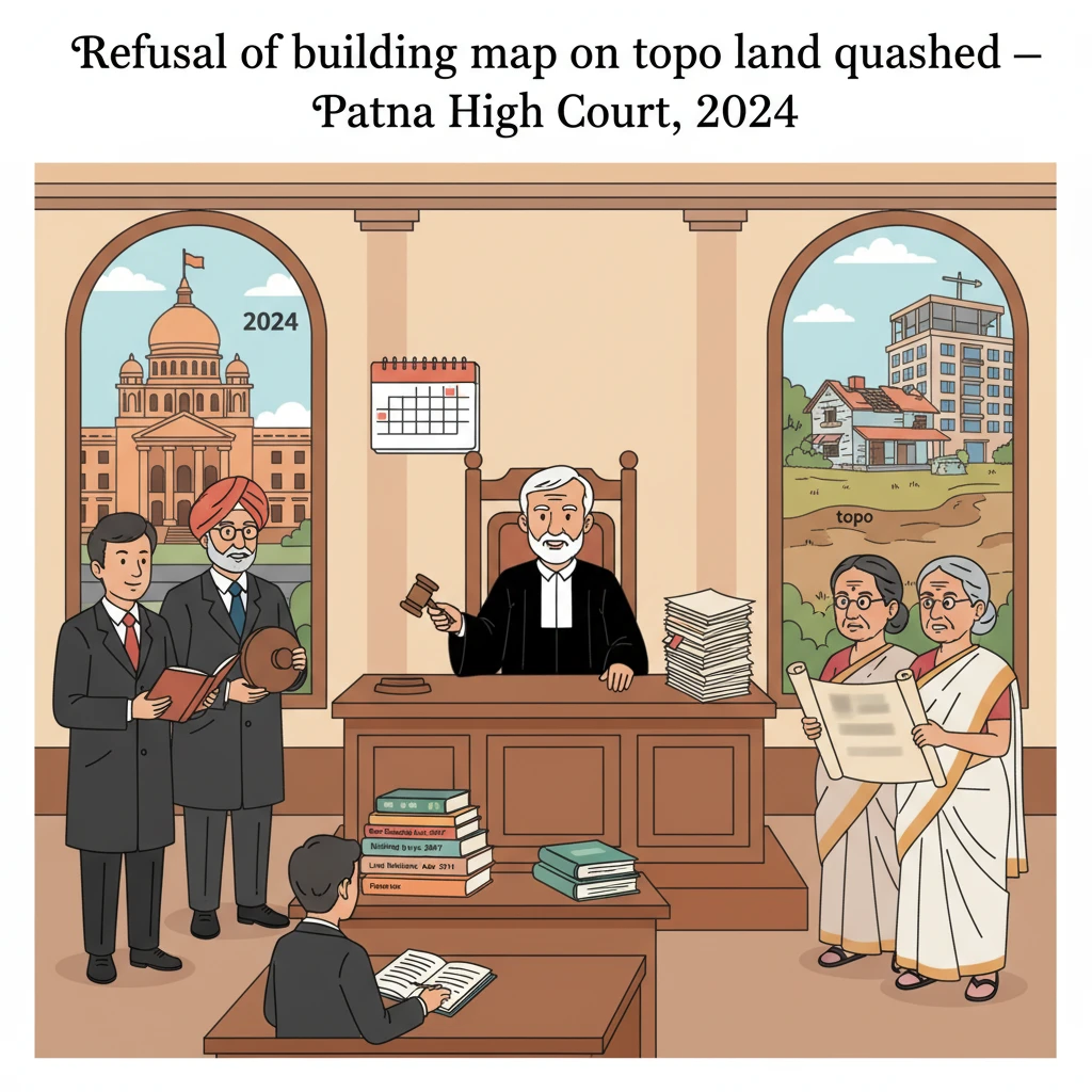 Illustration of Patna High Court reviewing a building plan dispute on topo land in Chapra.