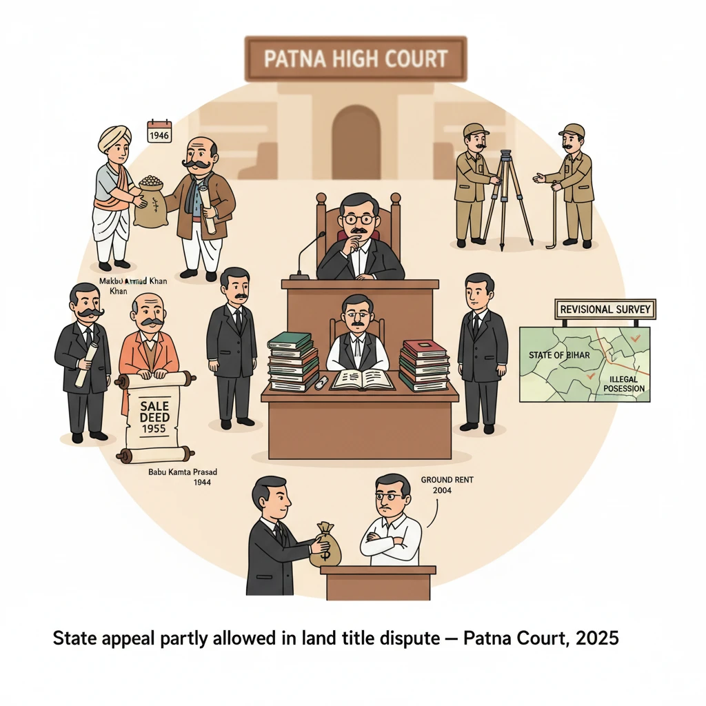 Illustration of Patna High Court deciding a land title dispute over agricultural plots in Gaya.