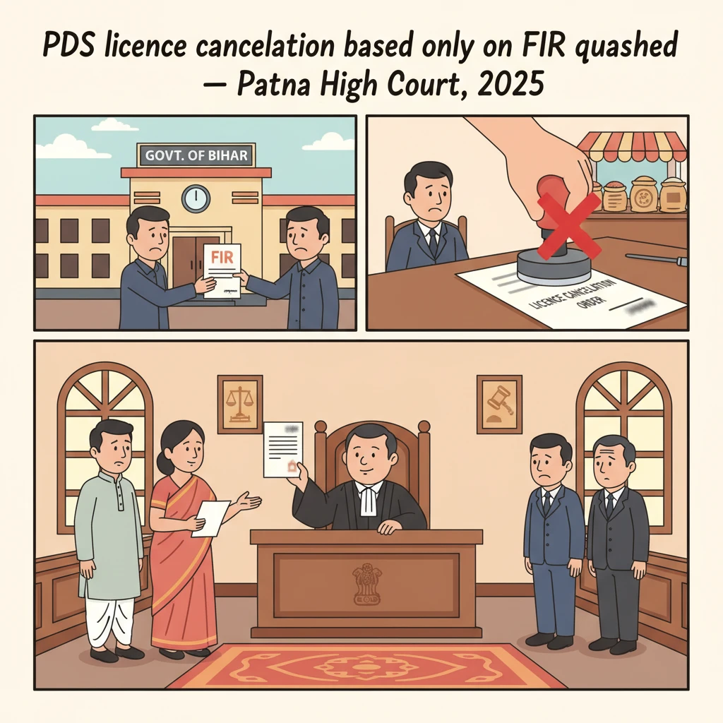 Illustration of Patna High Court reviewing cancellation of a PDS dealer’s licence based only on an FIR.