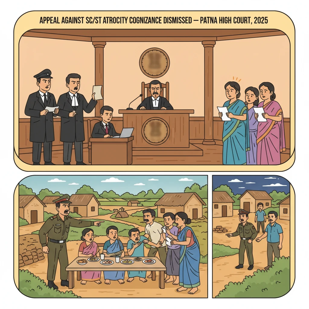 A courtroom scene depicting a judge reviewing a criminal case under the SC/ST Act.