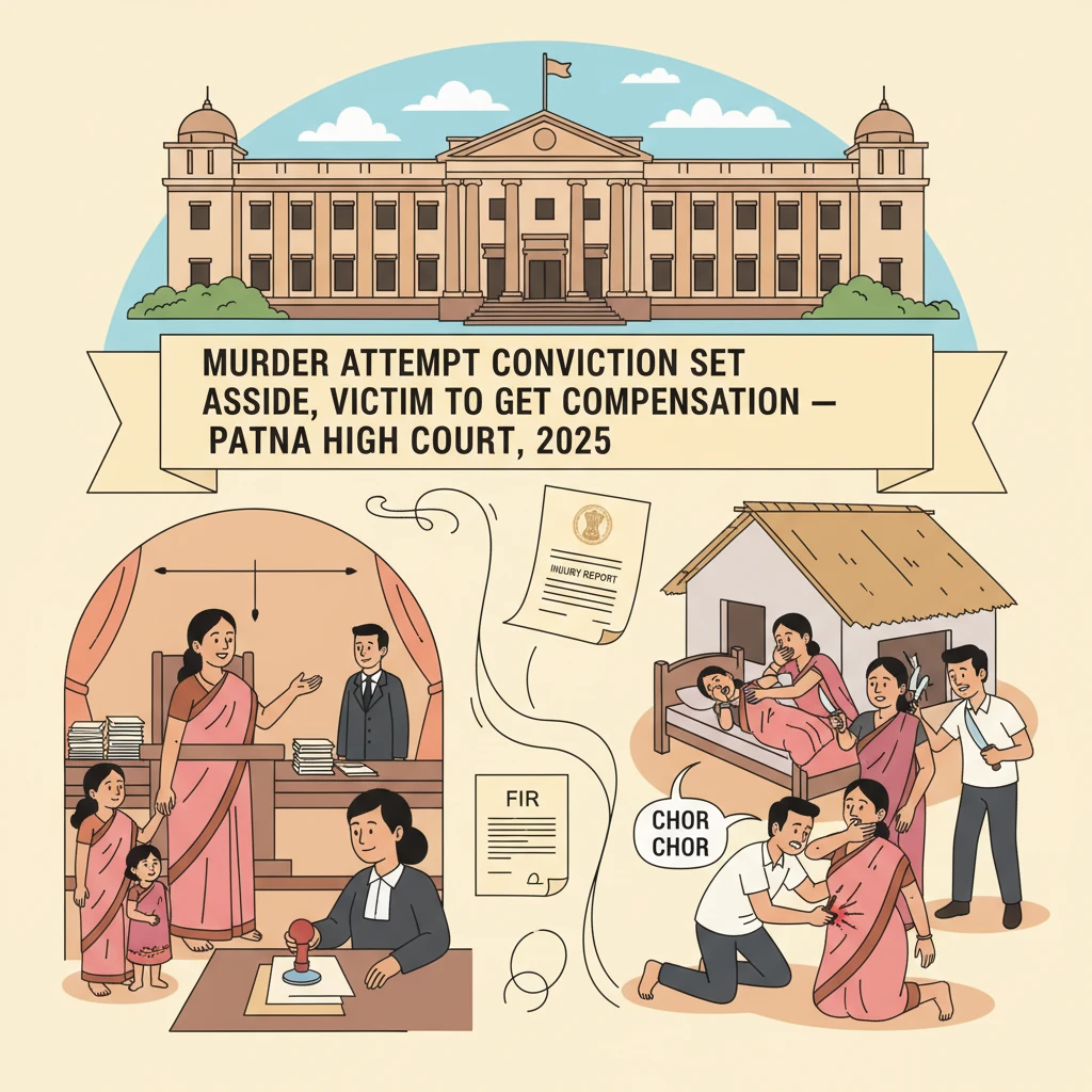 Illustration of Patna High Court hearing a criminal appeal on attempt to murder and victim compensation.