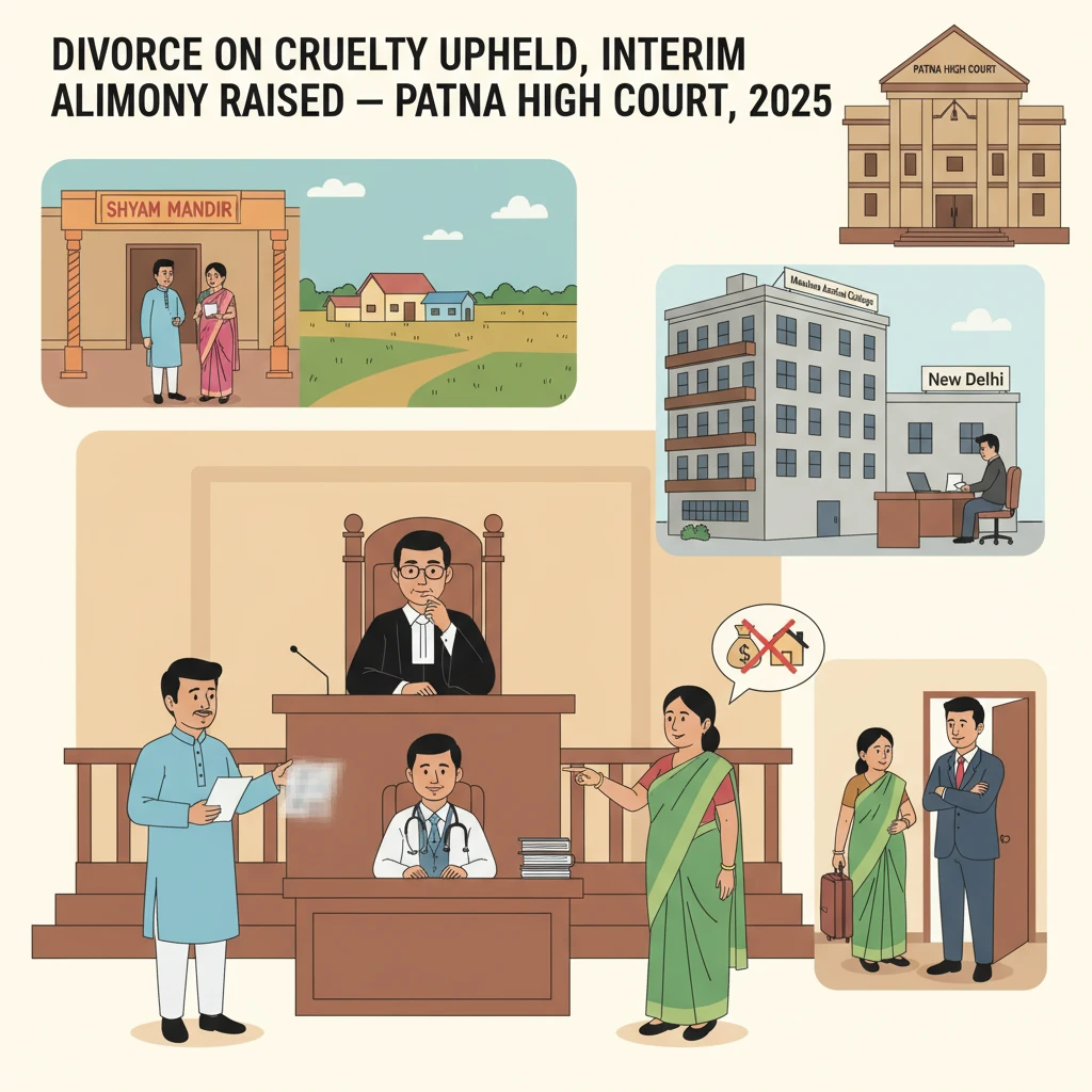Courtroom illustration of a matrimonial appeal on divorce and alimony before the Patna High Court