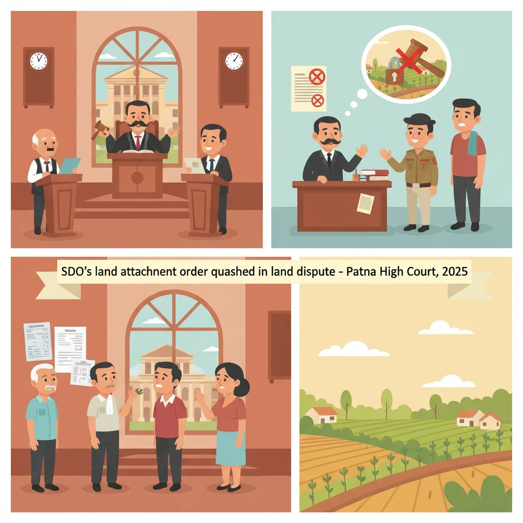 Courtroom and agricultural land illustrating Patna High Court review of SDO land attachment.