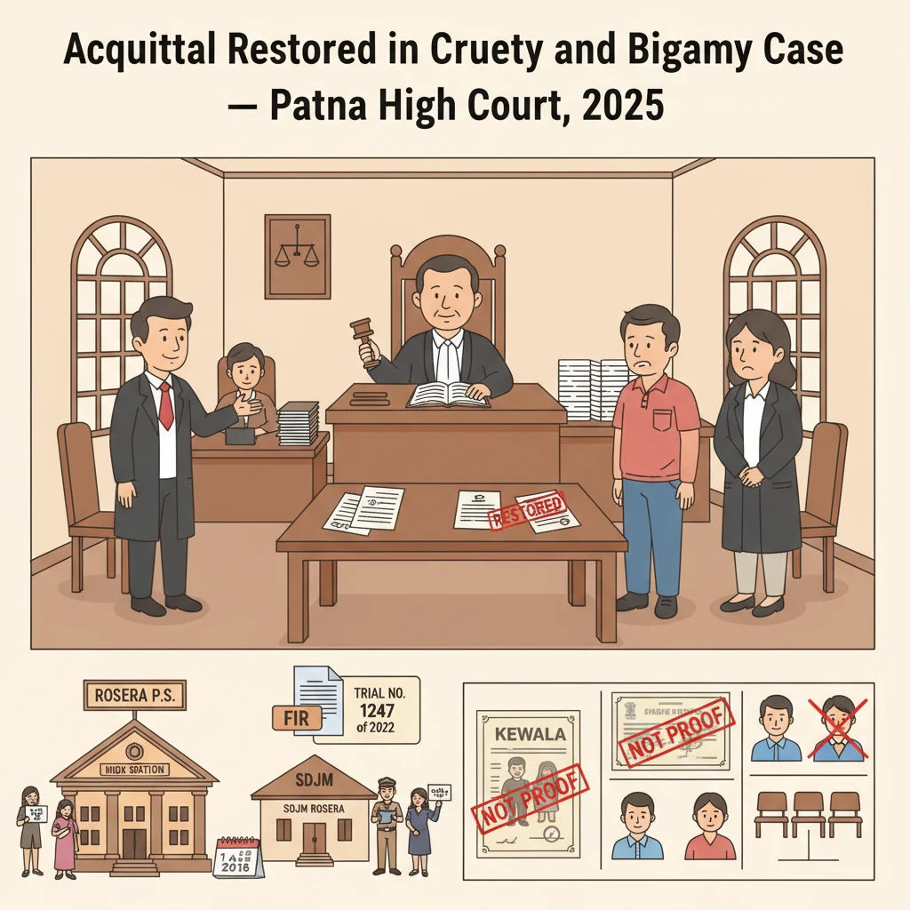 Courtroom illustration of Patna High Court reviewing cruelty and bigamy conviction.