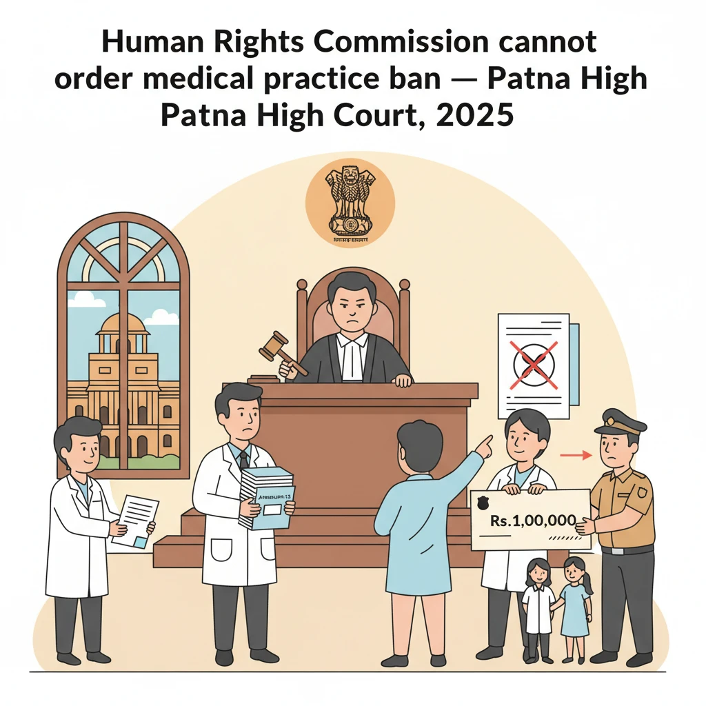 Courtroom illustration showing Patna High Court reviewing a human rights commission order against a doctor.