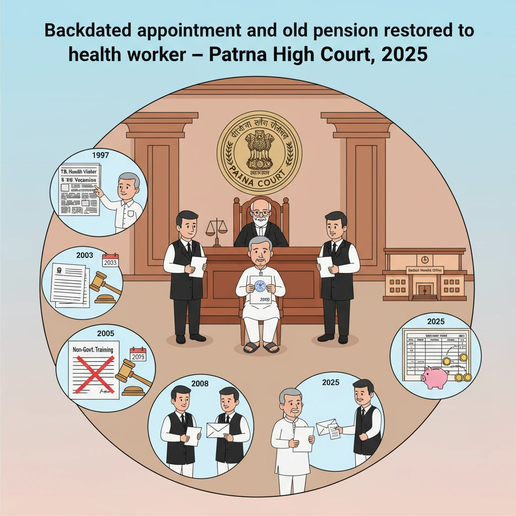 Courtroom illustration showing Patna High Court hearing on delayed government health job appointment.