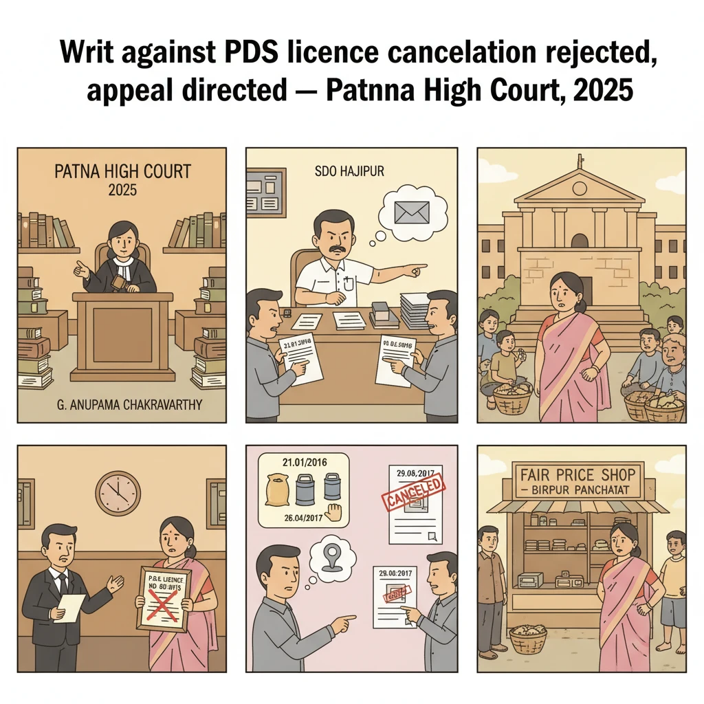Illustration of a Patna High Court hearing on cancellation of a PDS shop licence.