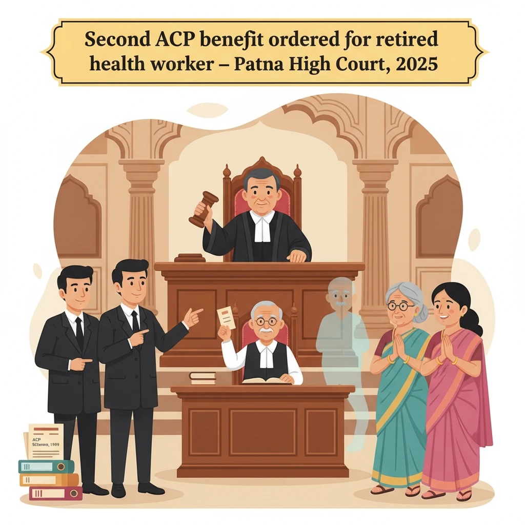 Courtroom illustration showing ACP dispute of a retired Bihar health worker before Patna High Court.