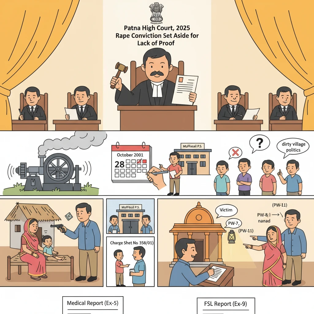 A courtroom scene representing the Patna High Court reviewing a rape conviction.