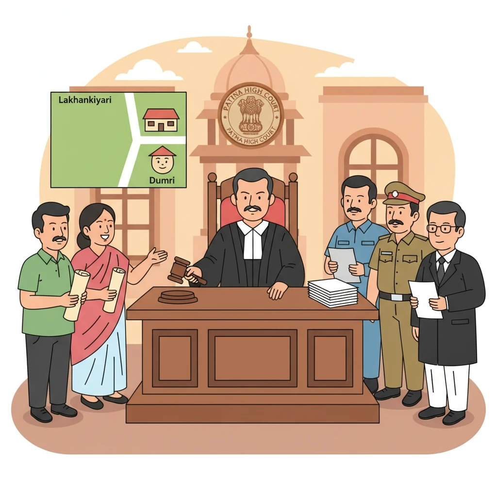 Courtroom scene illustrating Patna High Court review of a panchayat bhawan site dispute.