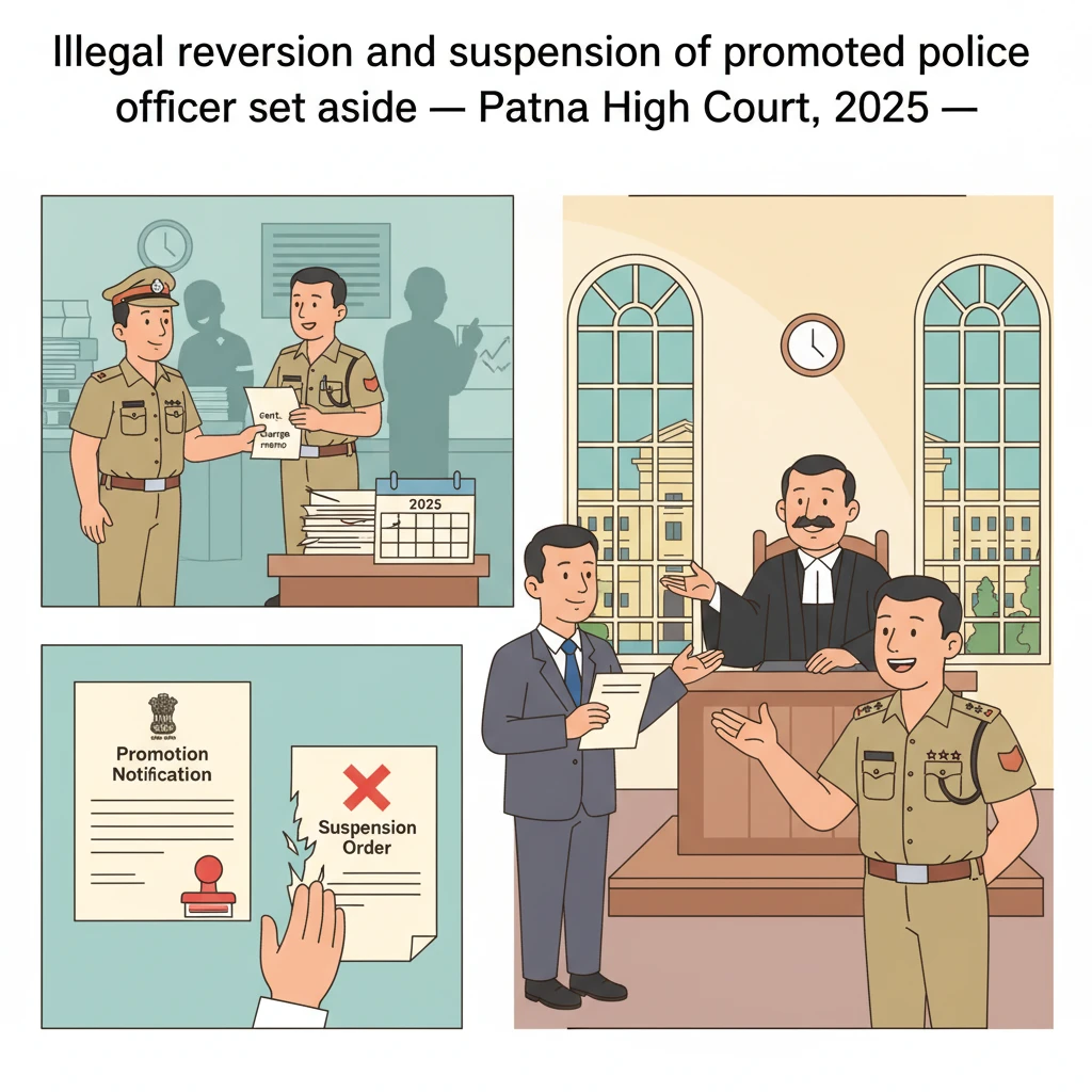 Courtroom illustration showing judicial review of a Bihar police officer’s promotion and suspension.