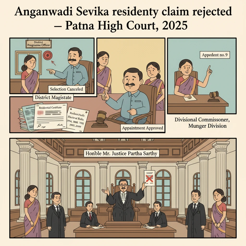 Illustration of Patna High Court reviewing an Anganwadi Sevika residency dispute from Begusarai.