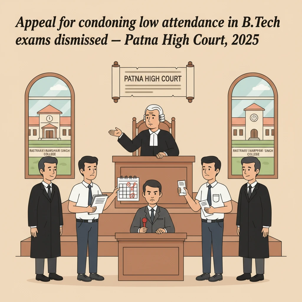 A courtroom illustration representing the Patna High Court deciding an engineering attendance dispute.