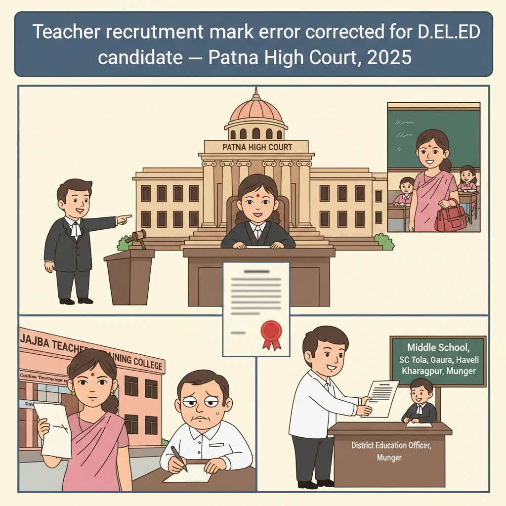 Courtroom scene illustrating Patna High Court review of a D.El.Ed mark error affecting teacher recruitment.