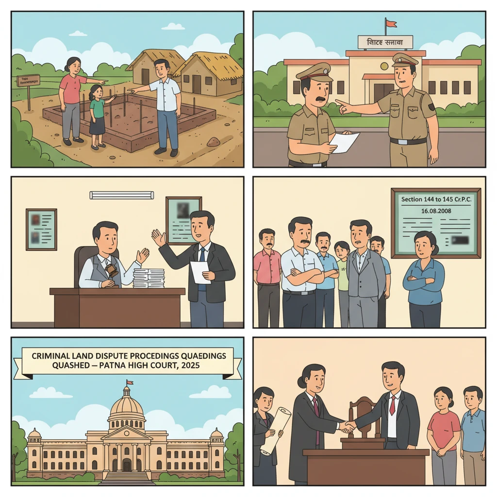 Courtroom illustration showing Patna High Court reviewing a rural land possession dispute.