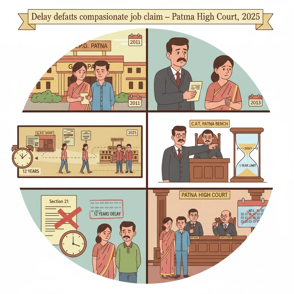 Illustration of Patna High Court building symbolizing a judgment on delayed compassionate appointment.
